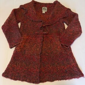 Curio Red Multi Chunky Boucle Knit Longline Cardigan Sweater Safety Pin Small